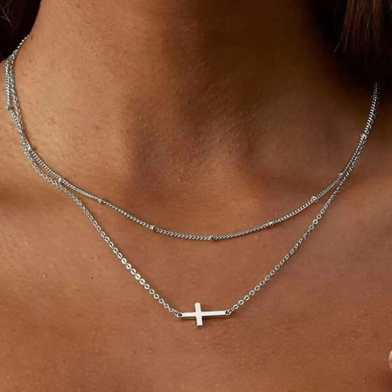 Women Simple Double Beaded Cross Necklace Alloy Geometric