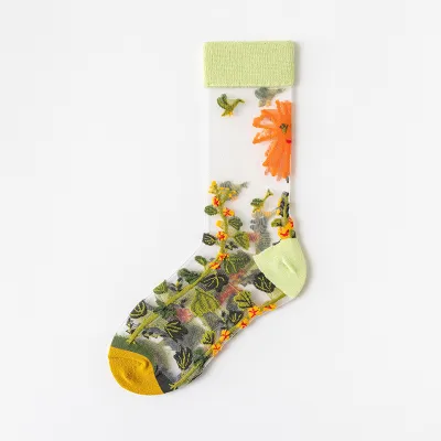 Women Fashion Summer Thin Glass Silk Floral Socks