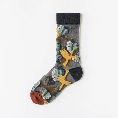 Women Fashion Summer Thin Glass Silk Floral Socks