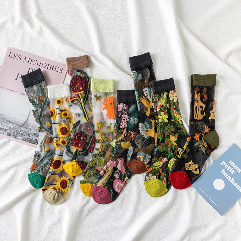 Women Fashion Summer Thin Glass Silk Floral Socks