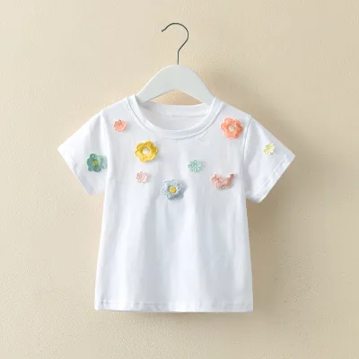 Kids Toddler Girls Casual Cute Floral Short Sleeve Round Neck Cotton T-Shirt