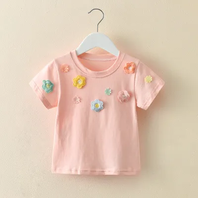 Kids Toddler Girls Casual Cute Floral Short Sleeve Round Neck Cotton T-Shirt