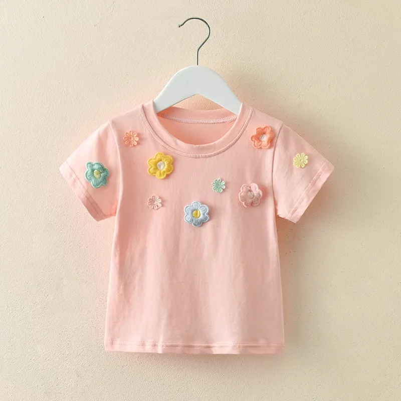 Kids Toddler Girls Casual Cute Floral Short Sleeve Round Neck Cotton T-Shirt