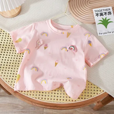 Kids Toddler Girls Casual Cute Floral Short Sleeve Round Neck Cotton T-Shirt