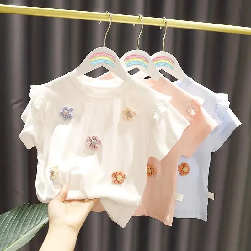 Kids Toddler Girls Casual Cute Floral Short Sleeve Round Neck Cotton T-Shirt