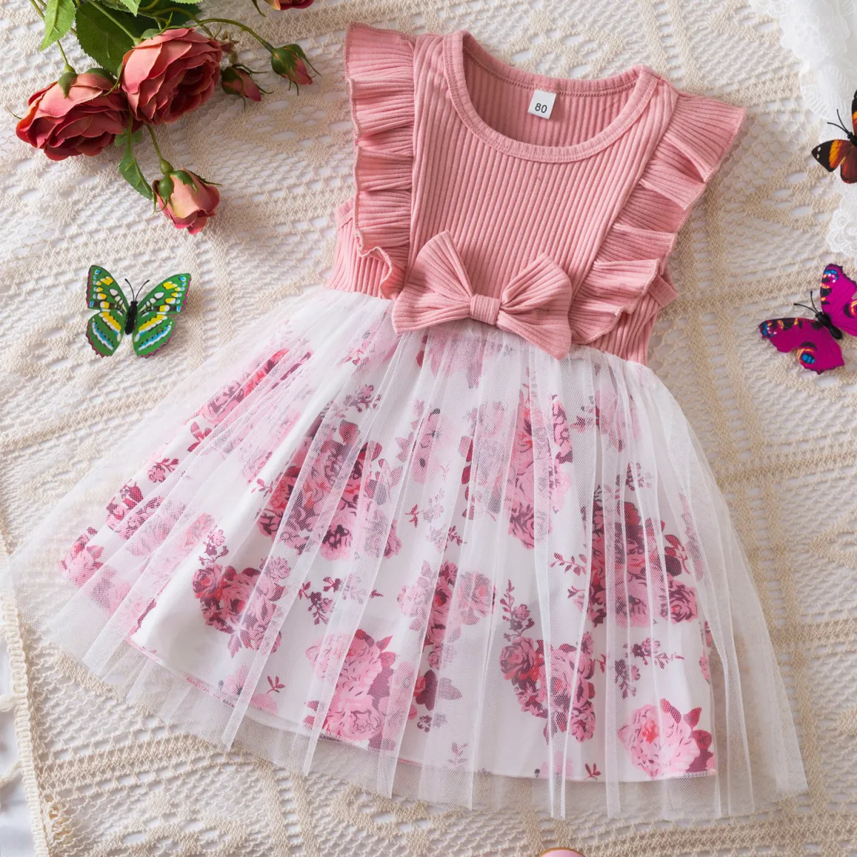 Kids Toddler Girls Casual Cute Tiny Flower Bow Sleeveless Mesh Princess Dress