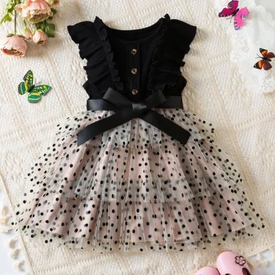 Kids Toddler Girls Casual Cute Polka Dot Bow Sleeveless Mesh Princess Dress