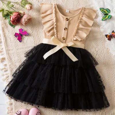 Kids Toddler Girls Casual Cute Polka Dot Bow Sleeveless Mesh Princess Dress
