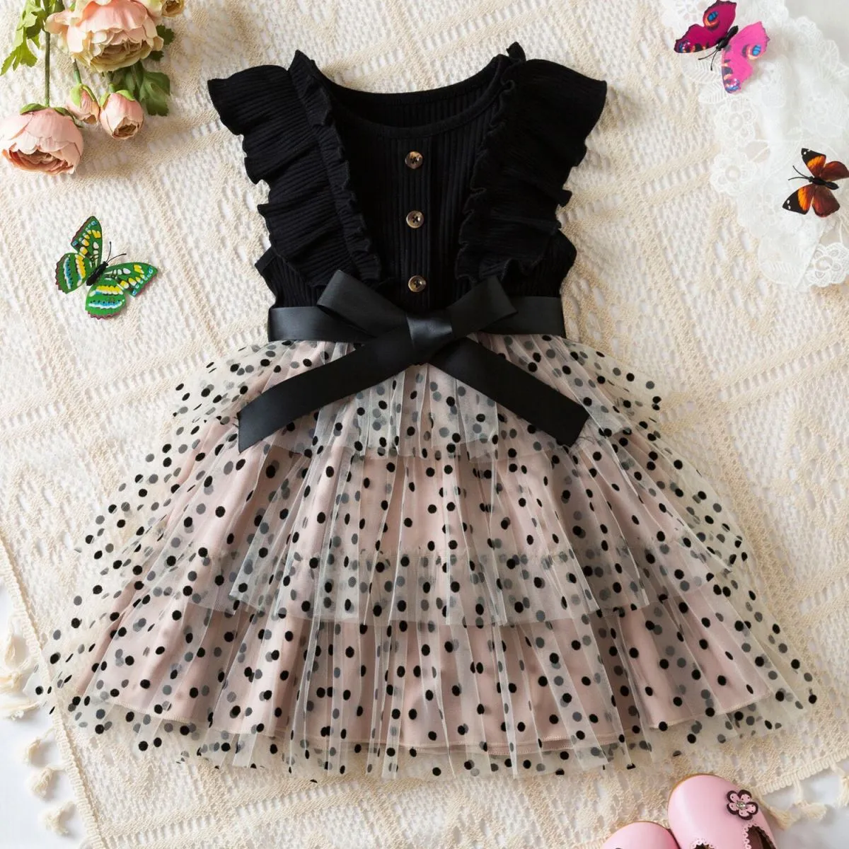 Kids Toddler Girls Casual Cute Polka Dot Bow Sleeveless Mesh Princess Dress