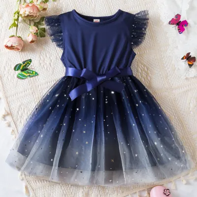Kids Toddler Girls Casual Sequins Bow Fluttering Sleeve Mesh Princess Dress