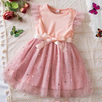 Kids Toddler Girls Casual Sequins Bow Fluttering Sleeve Mesh Princess Dress