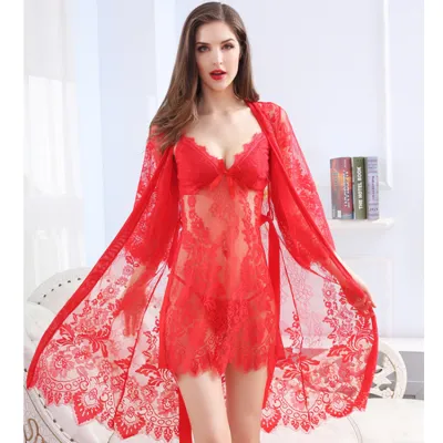Women's Sexy Lace Mesh Pajamas Three-Piece Set