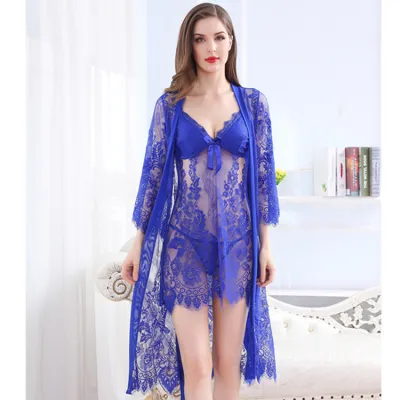 Women's Sexy Lace Mesh Pajamas Three-Piece Set