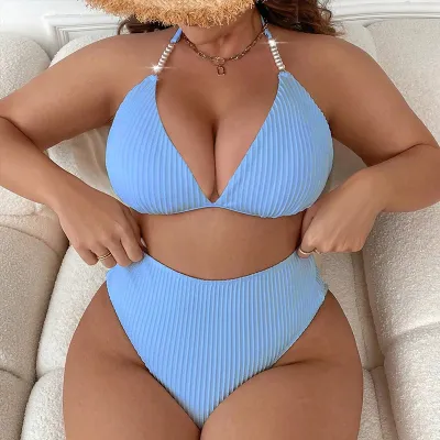 Women Plus Size Deep V Halter Neck High Waist Tankini Swimsuit Set