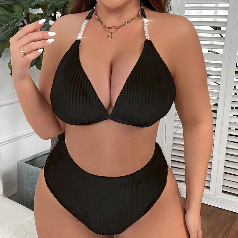 Women Plus Size Deep V Halter Neck High Waist Tankini Swimsuit Set