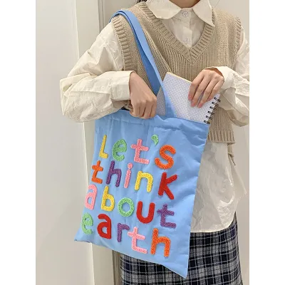 Women Simple Letter Embroidered Large Capacity Canvas Shopping Tote Bag