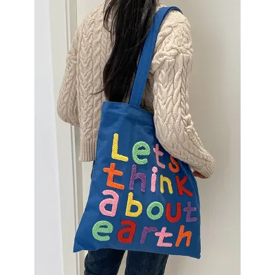 Women Simple Letter Embroidered Large Capacity Canvas Shopping Tote Bag