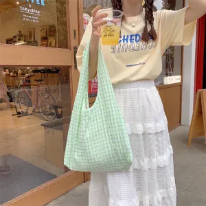 Women Simple Large Capacity Hollow-Out Plaid Canvas Shopping Tote Bag