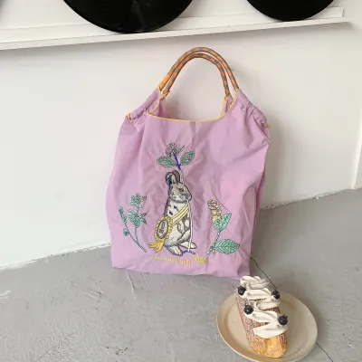 Women Fashion Embroidered Nylon Large Capacity Canvas Shopping Bag