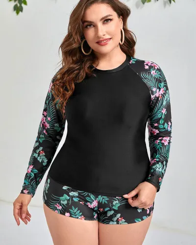 Women Plus Size Conservative Floral Print Tankini Swimwear Set