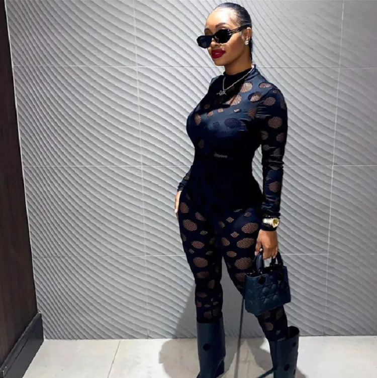 Summer Women Fashion Sexy Hollow Mesh Long Sleeve Top High Waist Tight Pants Two-Piece Set