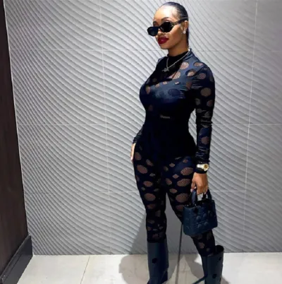 Summer Women Fashion Sexy Hollow Mesh Long Sleeve Top High Waist Tight Pants Two-Piece Set