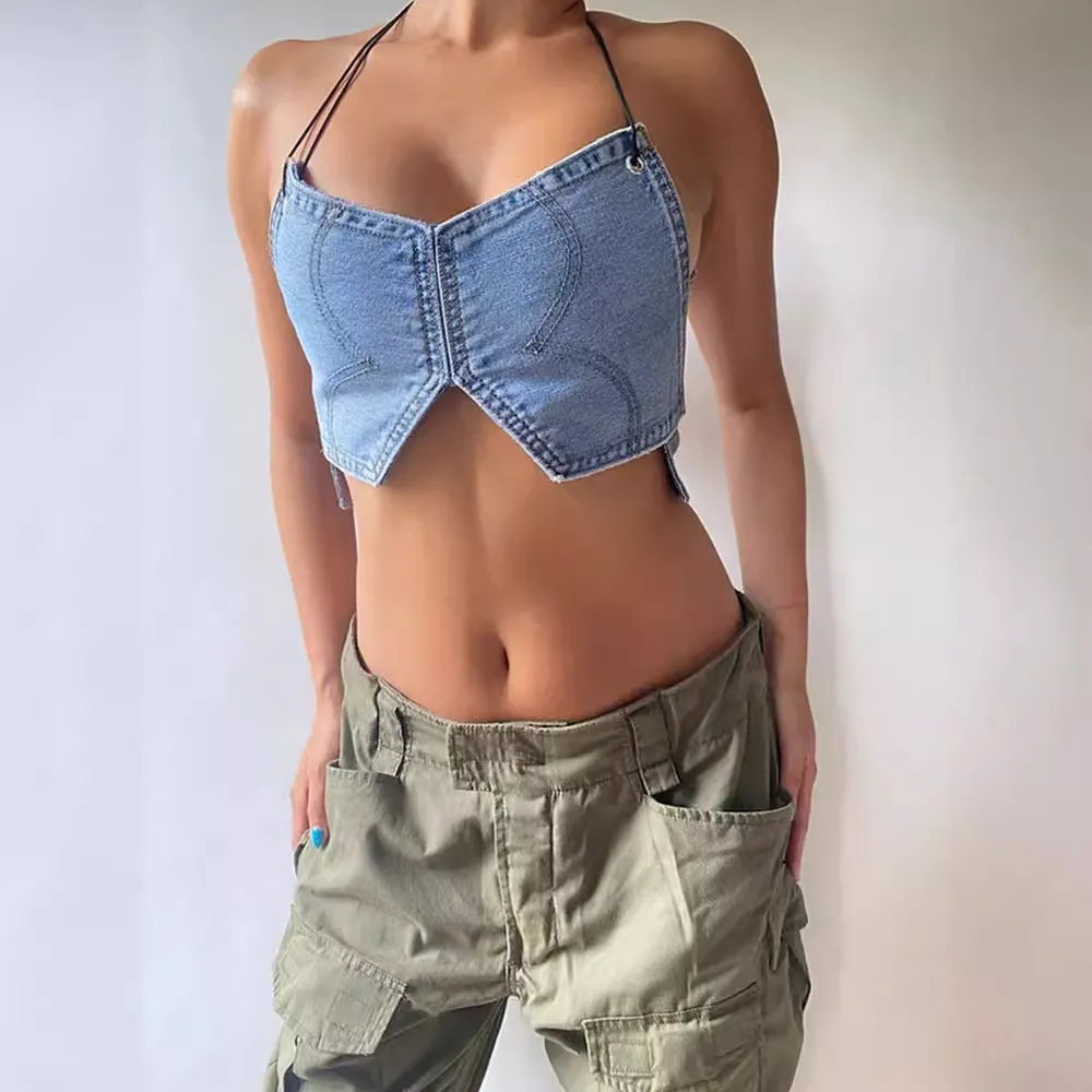 Women Fashion Sexy Halter Neck Denim Crop Camisole