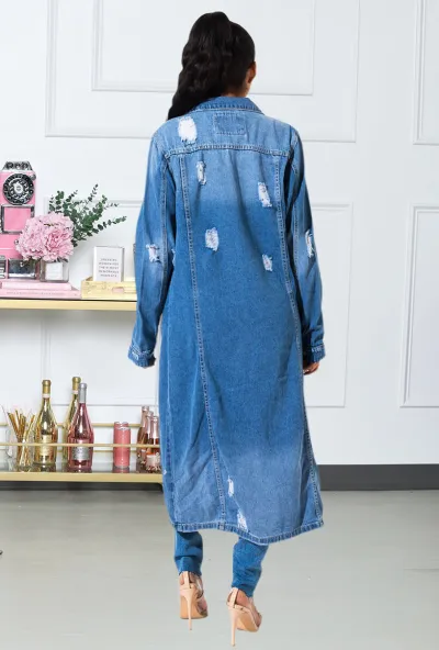 Women Retro Denim Jacket Long Sleeve Loose Fit Extra Long Coat