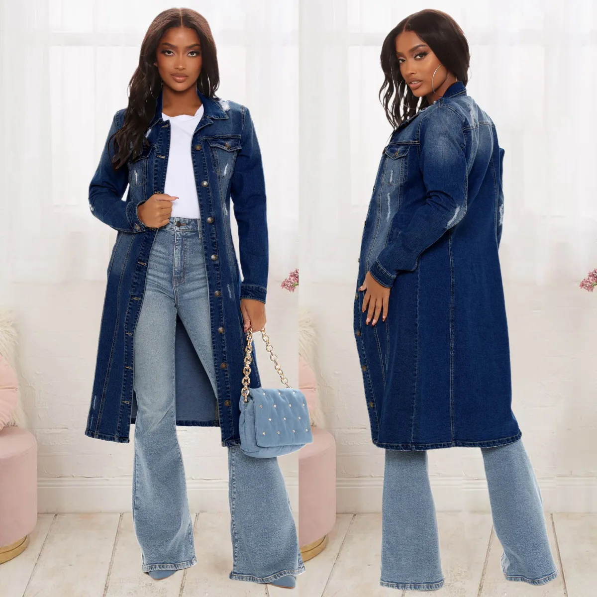 Women Retro Denim Jacket Long Sleeve Loose Fit Extra Long Coat