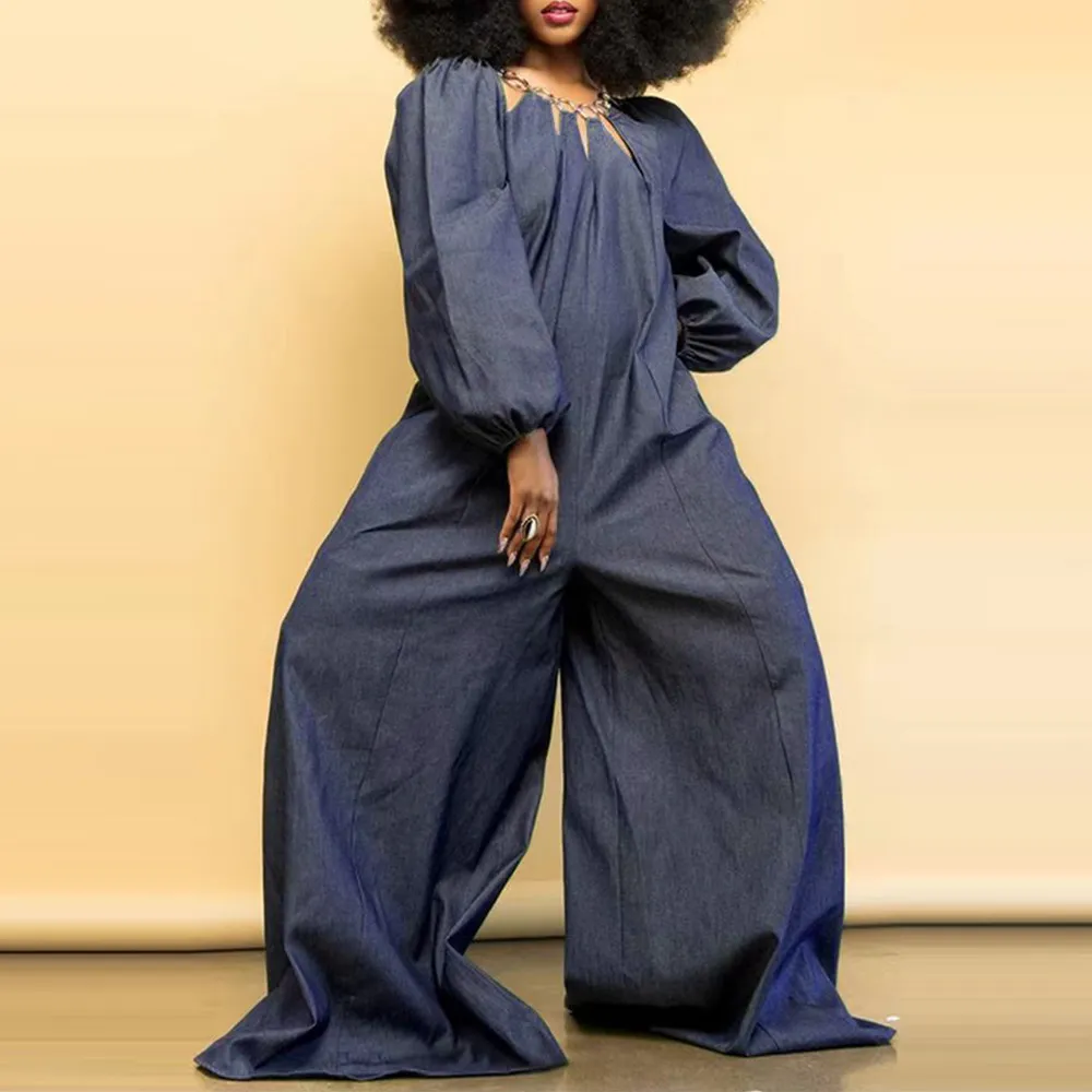 Women's Loose Metal Ring Stitching Long Sleeve Wide Leg Imitation Denim Jumpsuit