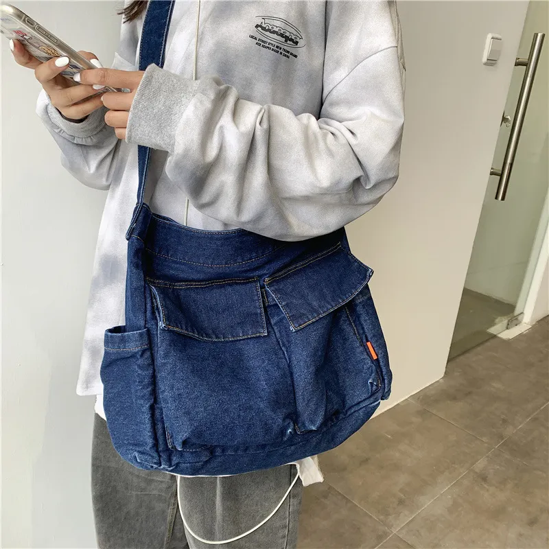 Women Fashion Denim Large Capacity Shoulder Tote Bag with Zipper