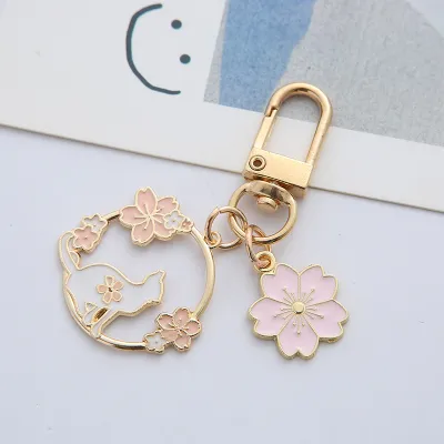 Women Fashion Cute Rabbit Cat Cherry Blossom Keychain Pendant Unisex Zinc Alloy Metal