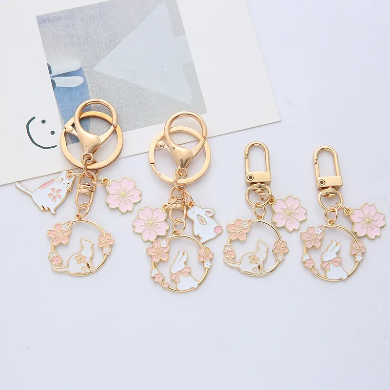 Women Fashion Cute Rabbit Cat Cherry Blossom Keychain Pendant Unisex Zinc Alloy Metal