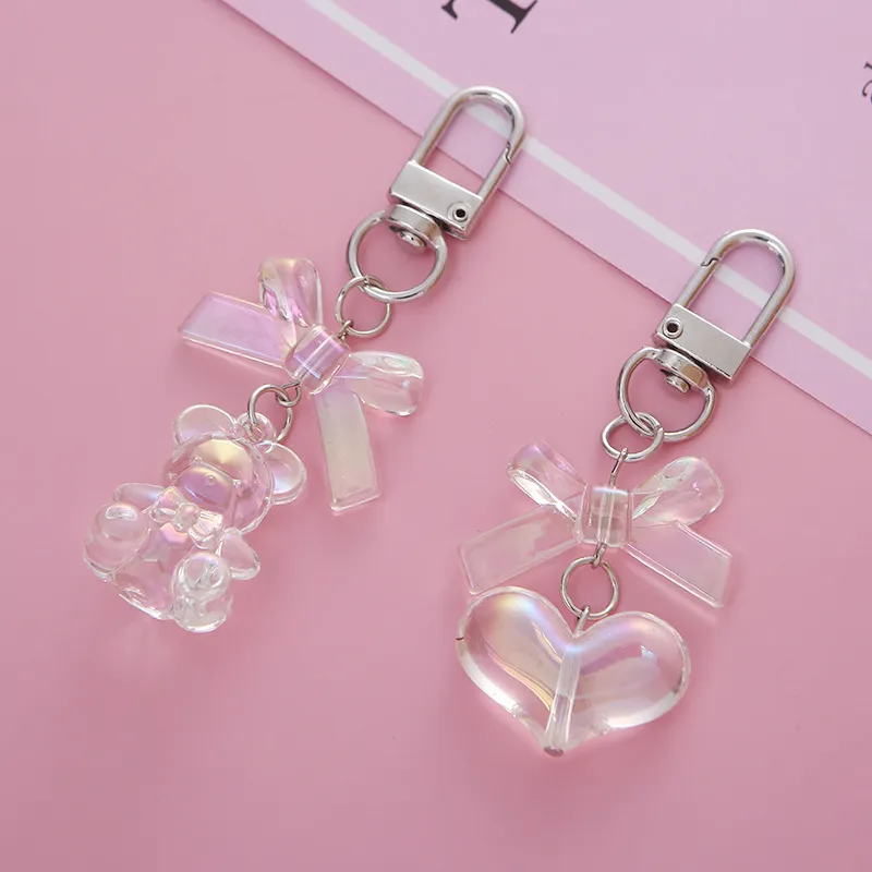 Women Fashion Transparent Heart-Shaped Bear Key Chain Pendant Resin Cartoon Keychain