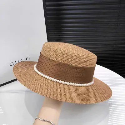 Women Simple Ribbon Pearl Sunscreen Hat