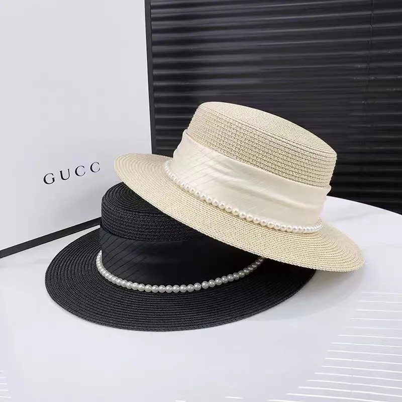 Women Simple Ribbon Pearl Sunscreen Hat