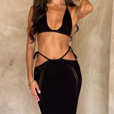 Women Sexy Halter Neck Camisole High Waist Skirt Two-Piece Set