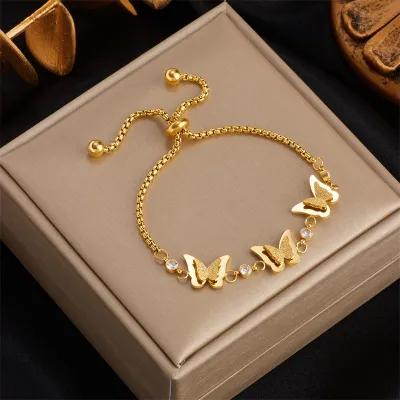 Women's Fashion Vintage Gold Titanium Steel Pull-Out Three-Dimensional Butterfly Bracelet