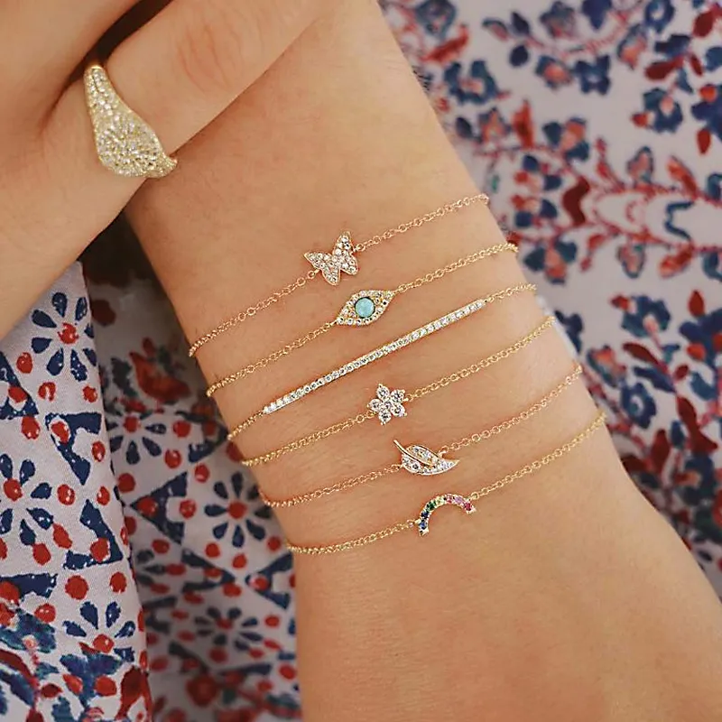 Women Simple Butterfly Rhinestone Leaf Eyes Turquoise Bracelet 6 Pieces Set