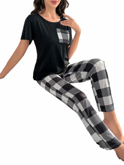 Women Casual Plaid Pajamas Set with Milk Fiber