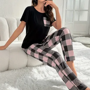 Women Casual Plaid Pajamas Set with Milk Fiber