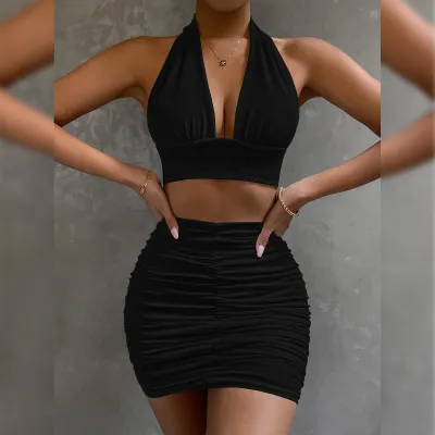 Women Fashion Sexy Deep V Crop Top Creased Skirt Two-Piece Set