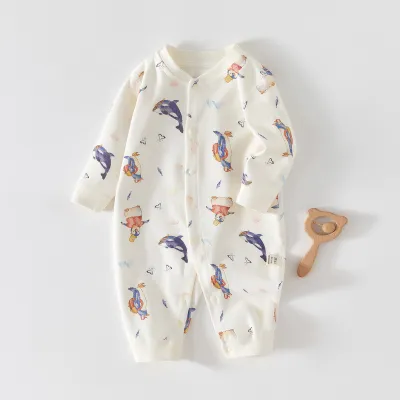 Kids Baby Boys Girls Casual Cute Cartoon Print Long Sleeve Romper Cotton Neutral