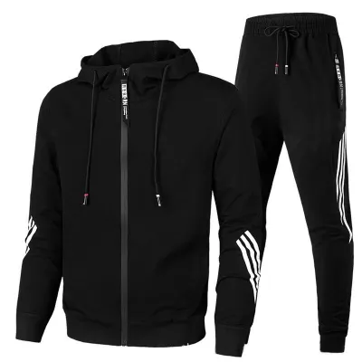 Men Plus Size Casual Sports Stripe Long Sleeve Zipper Hoodies Trousers Set