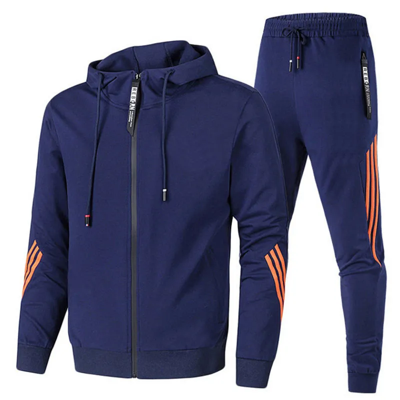 Men Plus Size Casual Sports Stripe Long Sleeve Zipper Hoodies Trousers Set