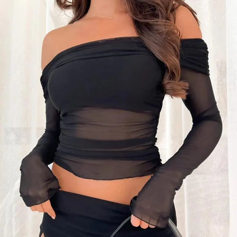 Women Off Shoulder Mesh See-Through Long Sleeve Crop Top