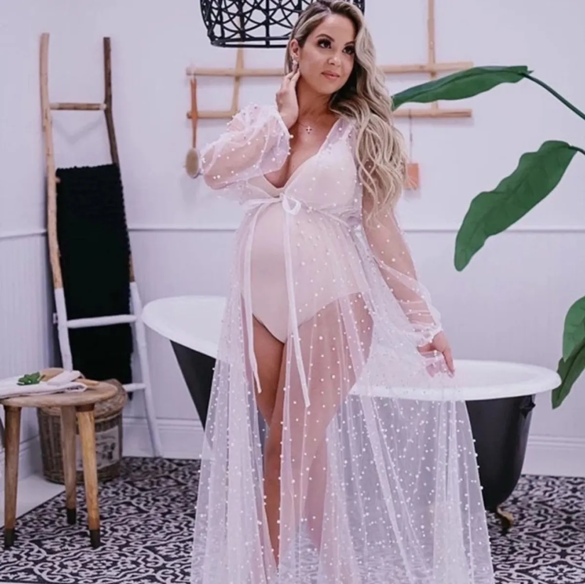Maternity Mesh Beaded Long Sleeve Dress Fresh Sweet