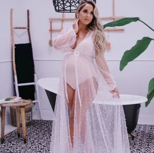 Maternity Mesh Beaded Long Sleeve Dress Fresh Sweet