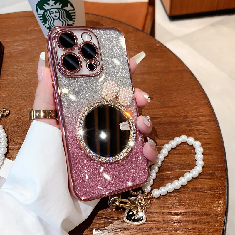 Women Fashion Glitter Pearl Mirror Apple Mobile Phone Silicone Protective Case