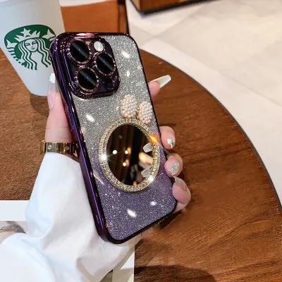 Women Fashion Glitter Pearl Mirror Apple Mobile Phone Silicone Protective Case